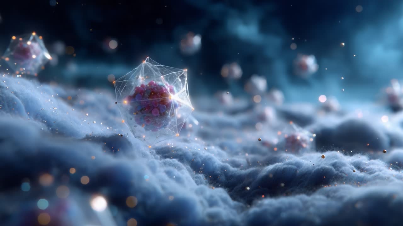 A Captivating Journey Through an Ethereal Universe, Showcasing Abstract Forms and Vibrant Particles Hovering Above a Dreamlike Cloudscape