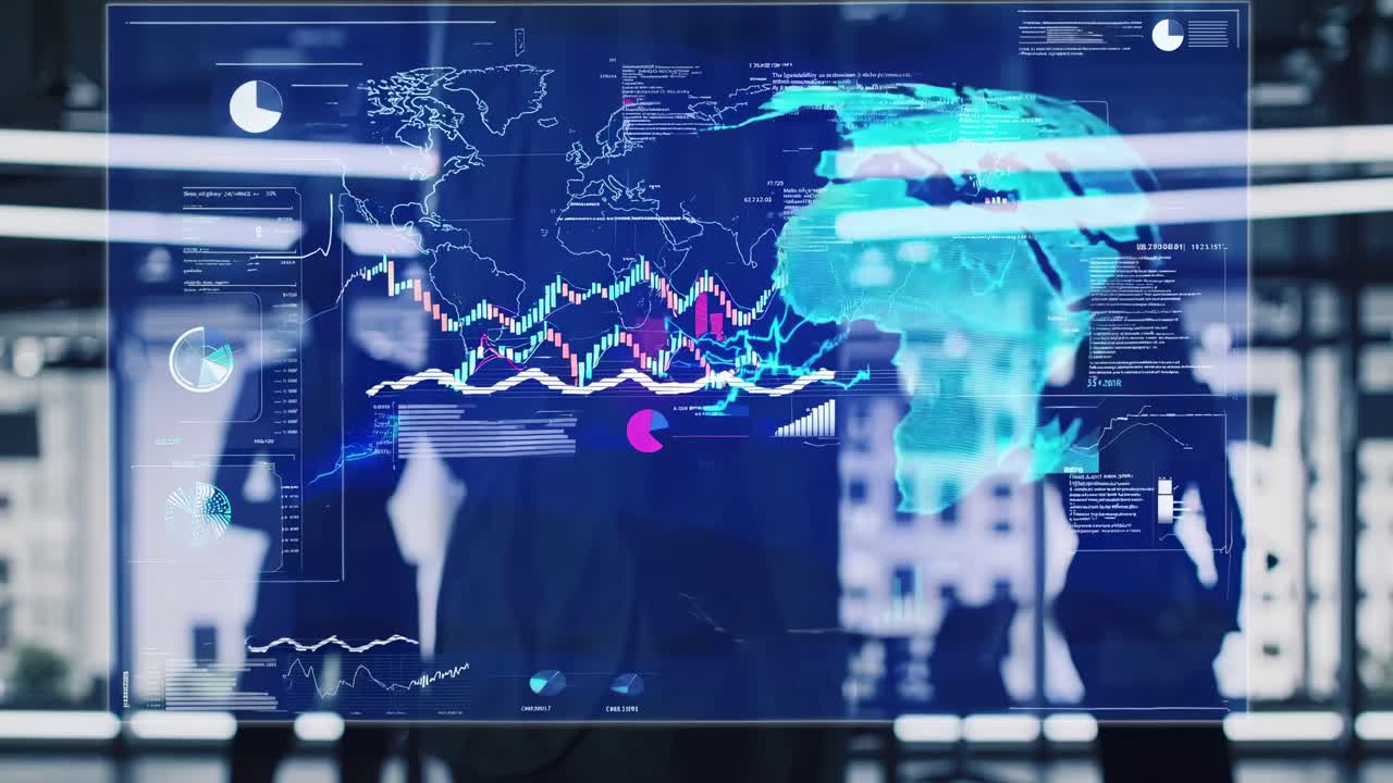 Futuristic video concept with a high-angle view of digital data overlays and silhouettes