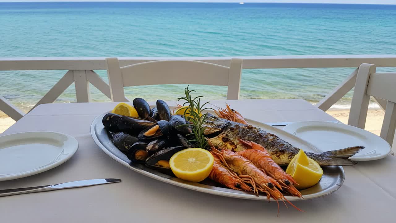 Delicious Seafood Platter Garnished with Fresh Lemon and Herbs, Served by the Tranquil Seaside, Perfect for Enjoying a Relaxing Meal with a Gorgeous View