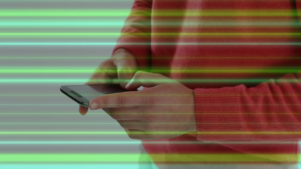 Using smartphone, person interacting with digital green animation in school setting