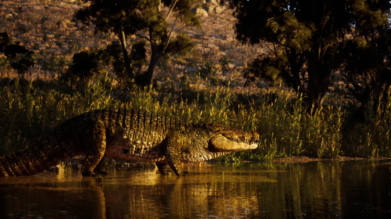 Crocodile walking along the waters edge in a serene natural setting