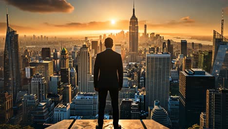 stunning sunset view of a businessman overlooking a vibrant city skyline