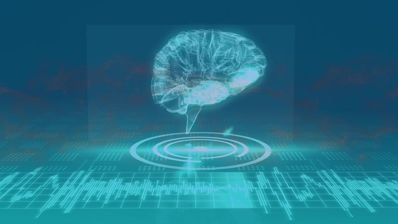Animation of data processing and brain over blue background