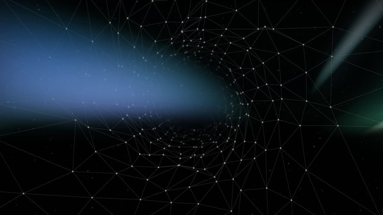 Animation of interconnected lines and nodes forming geometric tunnel structure