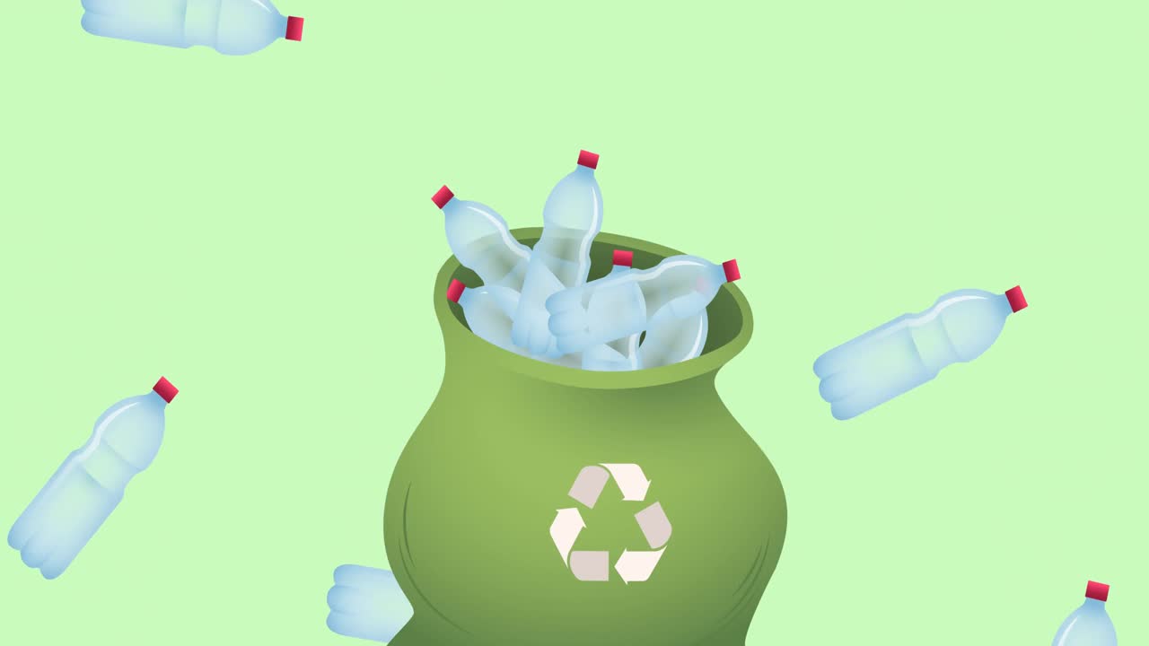animación de una bolsa de reciclaje llena de botellas de plástico sobre fondo verde