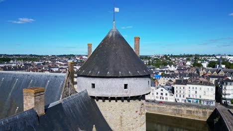 panning aerial movement from the main bastion of laval castle, laval, france.