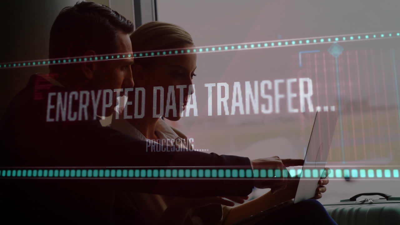 Business professionals working on laptop with data processing animation overlay
