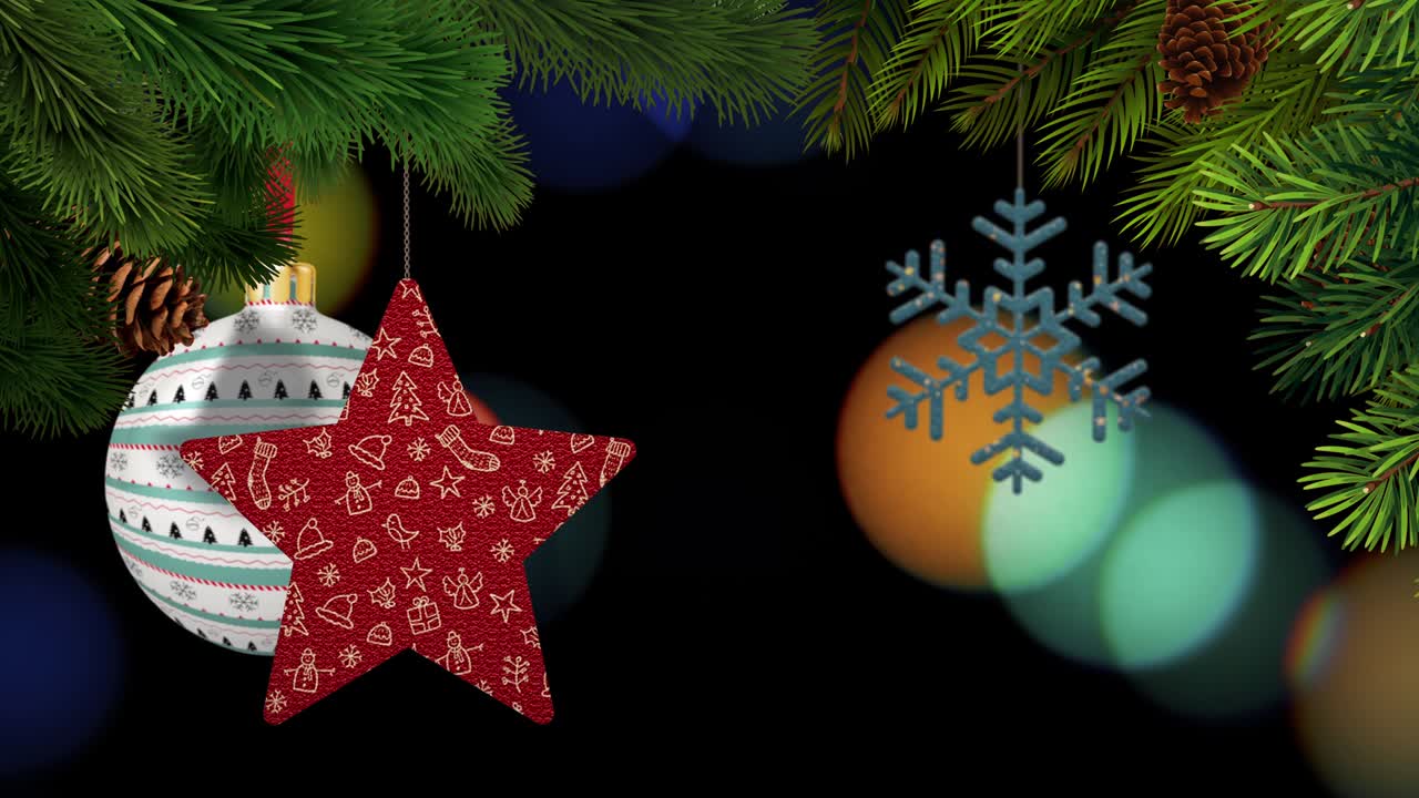 los adornos de navidad y los pinos se balancean en un fondo bokeh en bucle