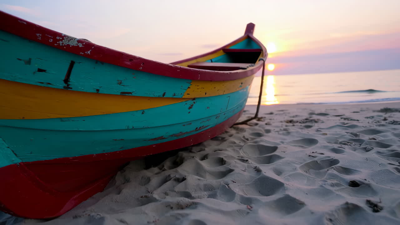 Colorful Wooden Boat on the Beach at Sunrise/Sunset