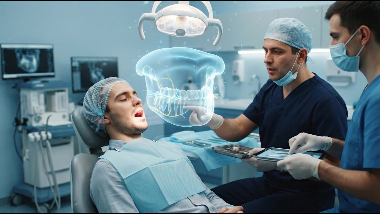 Dentist Using Augmented Reality Technology to Examine Patient Teeth