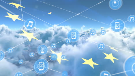 animation of network of connections of icons with smartphones over european union flag and clouds