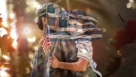 animation of falling leaves and flag of greece over caucasian soldier mother and happy son embracing