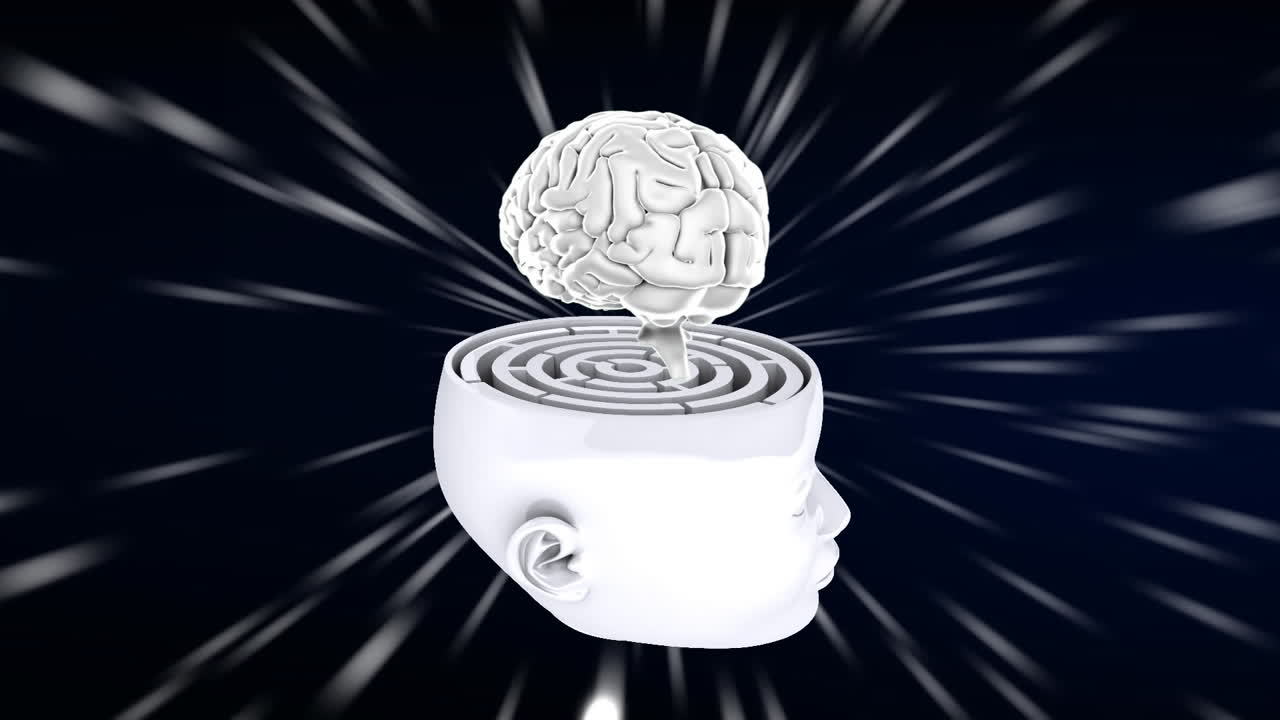 머리와 빛 트레일의 미로에서 디지털 뇌의 애니메이션