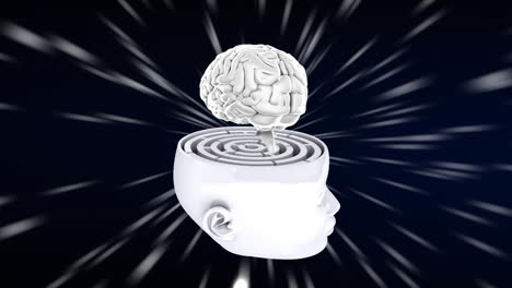 animación del cerebro digital sobre el laberinto en la cabeza y los senderos de luz
