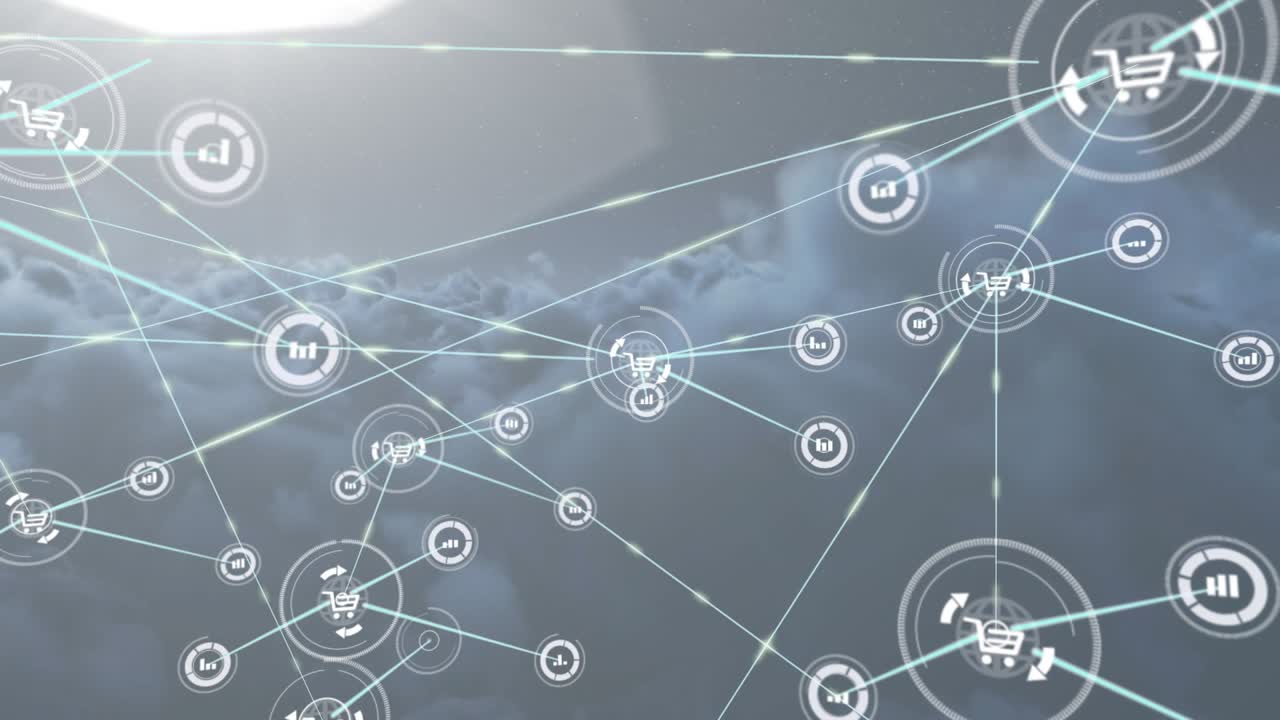 Animation af netværk af digitale ikoner mod mørke skyer på himlen