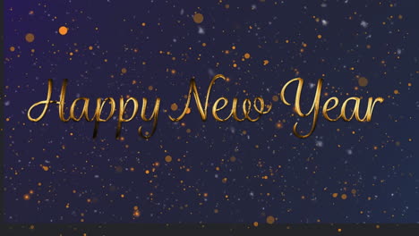 animation of gold text happy new year, with confetti and orange spots of light, on black