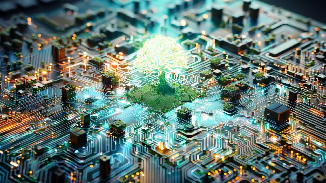 A tree is growing on top of a circuit board. The tree is surrounded by a lot of lights, which gives the image a futuristic and technological feel