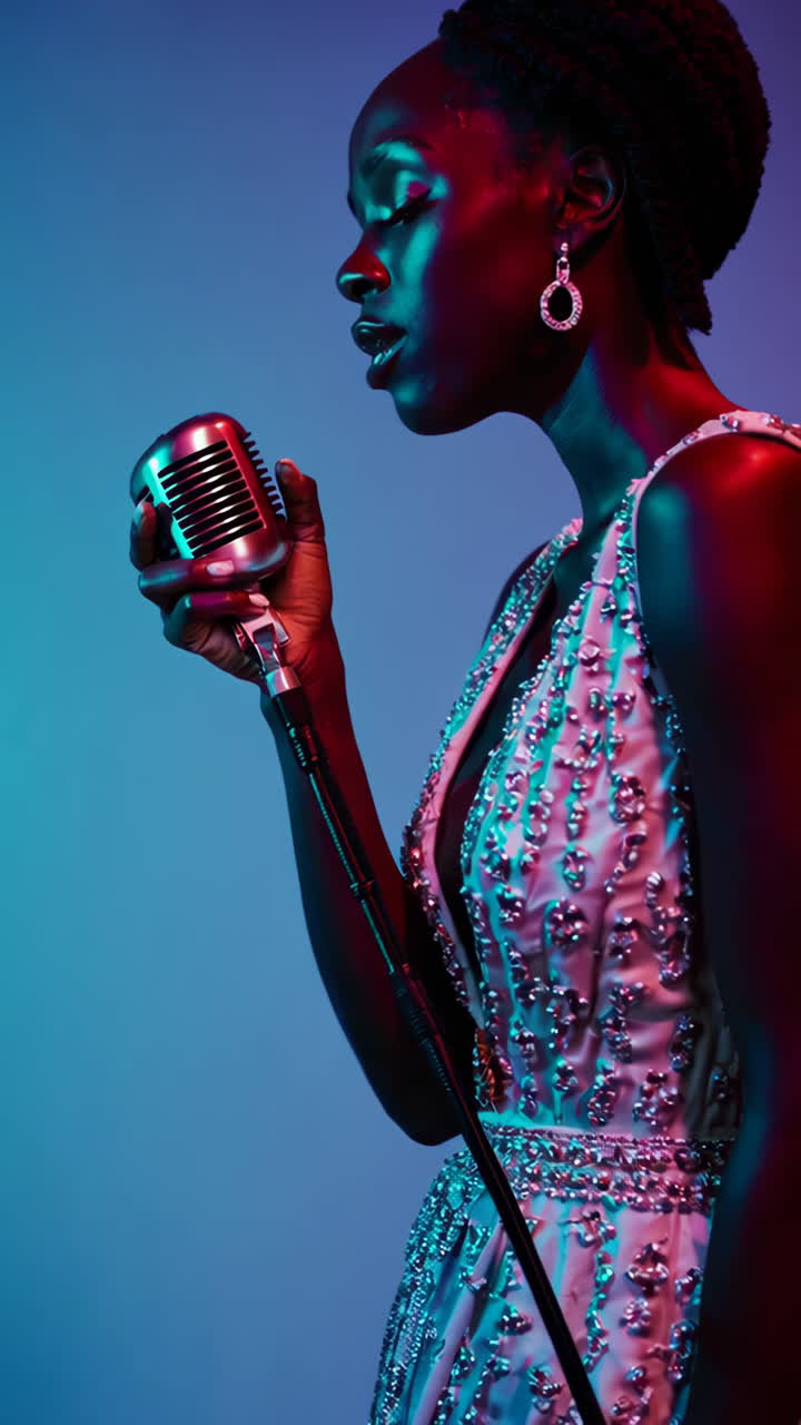 Singer performing with vintage microphone under colorful lights