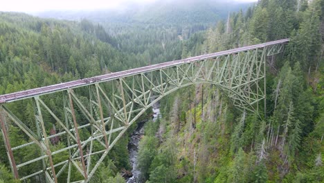 pasando sobre el cruce del puente ferroviario abandonado y un cañón forestal escarpado, vance creek, washington