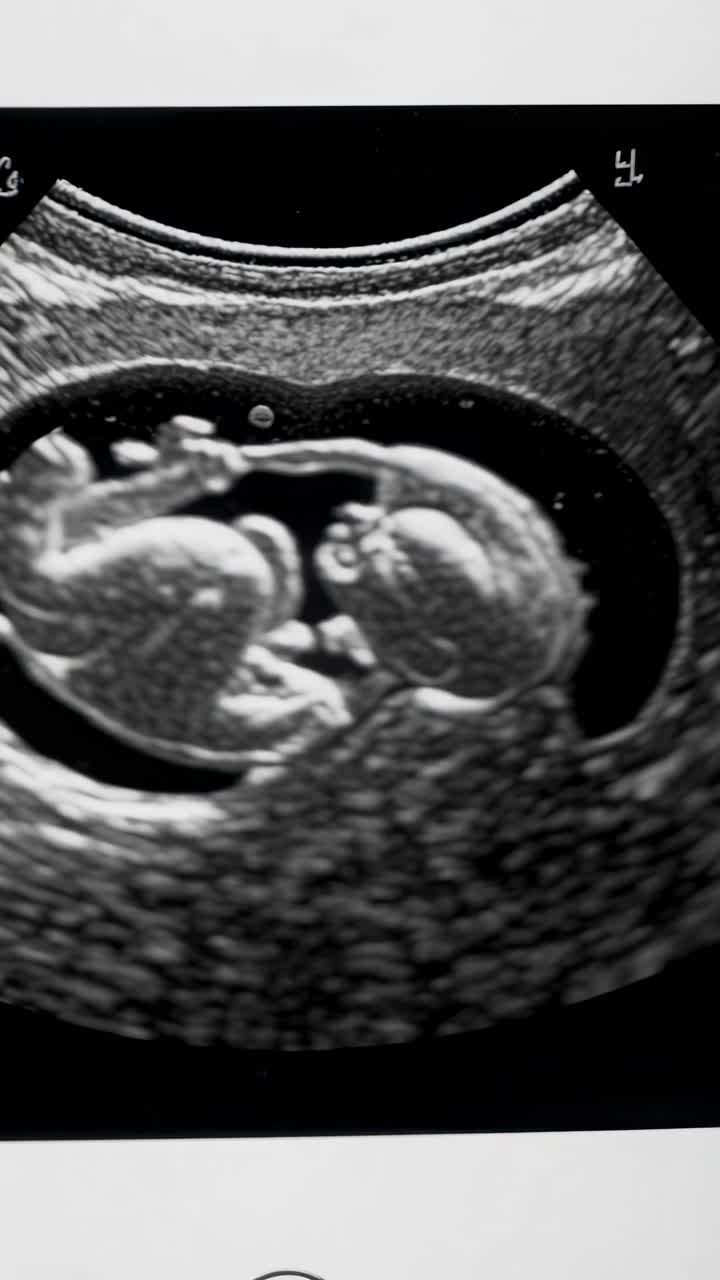 Un'immagine ecografica in scala di grigi che mostra un feto nell'utero, acquisita da un angolo dall'alto
