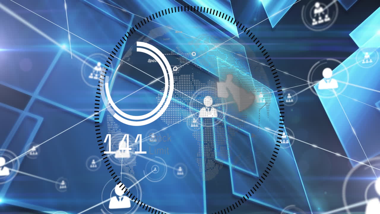 파란색 배경의 사각형 모양에 대해 회전하는 지구상에서 프로필 아이콘의 네트워크의 애니메이션