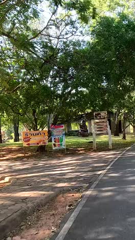 los monjes se pasean por un parque sereno y bordeado de árboles.