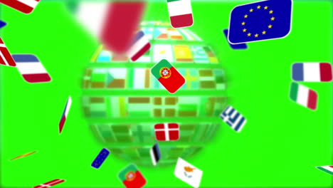 nacionales banderas de países europeos que se encienden en la pantalla verde