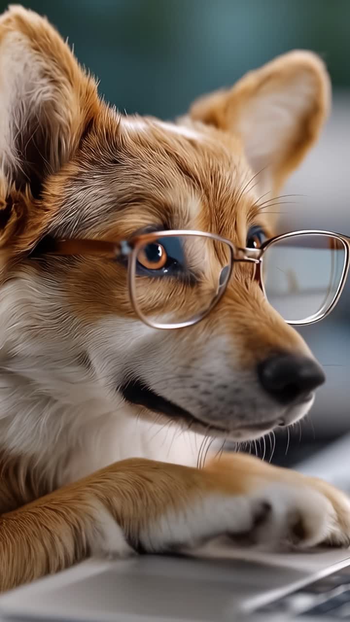 Un Corgi pensieroso che indossa occhiali, seduto a una scrivania, che offre una prospettiva unica sulla compagnia pelosa con un'espressione eccentrica ma affascinante.
