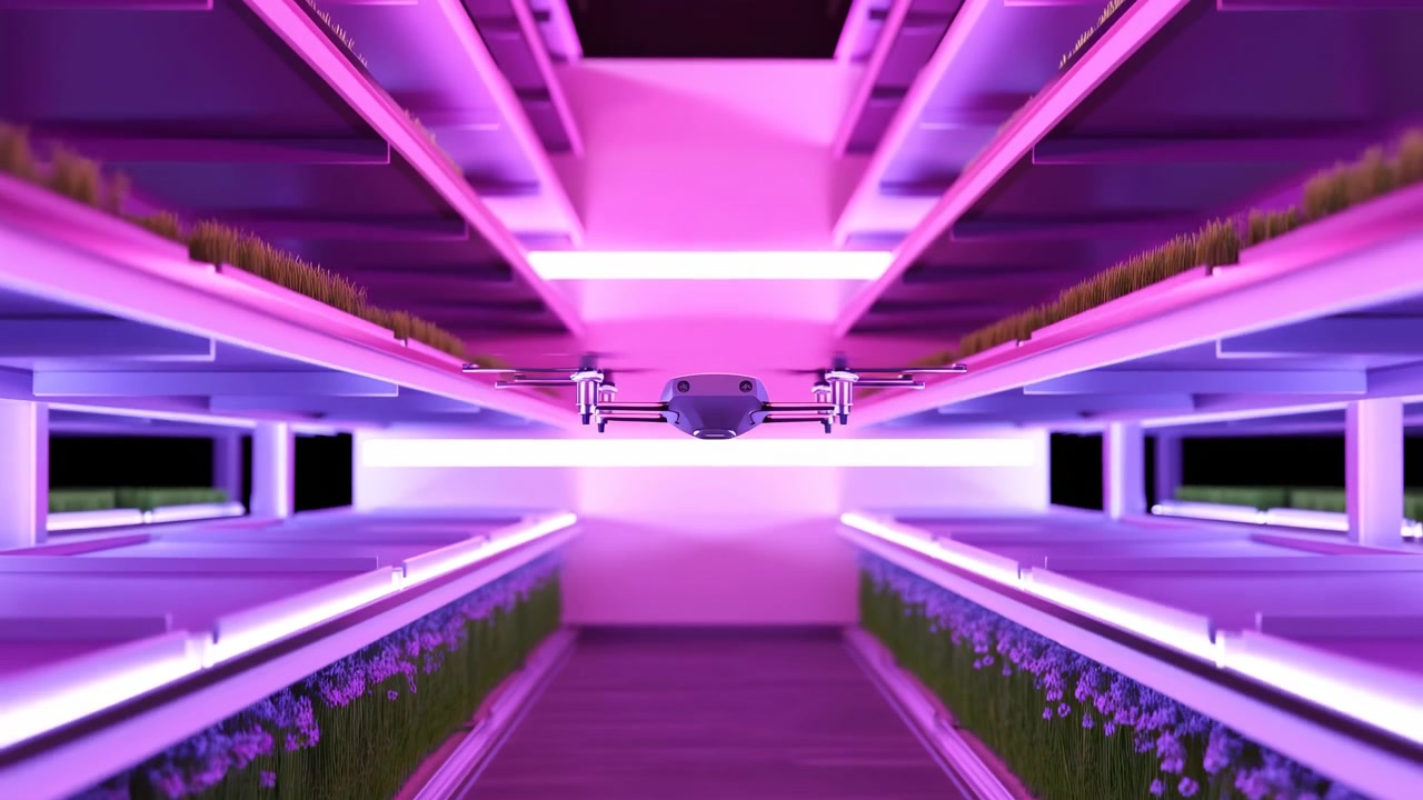 Un drone centrato si muove lungo uno stretto corridoio di coltivazione mentre scaffali di piante a strati e lampade di coltivazione viola brillante si estendono attorno ad esso, creando una vista simmetrica di agricoltura indoor.