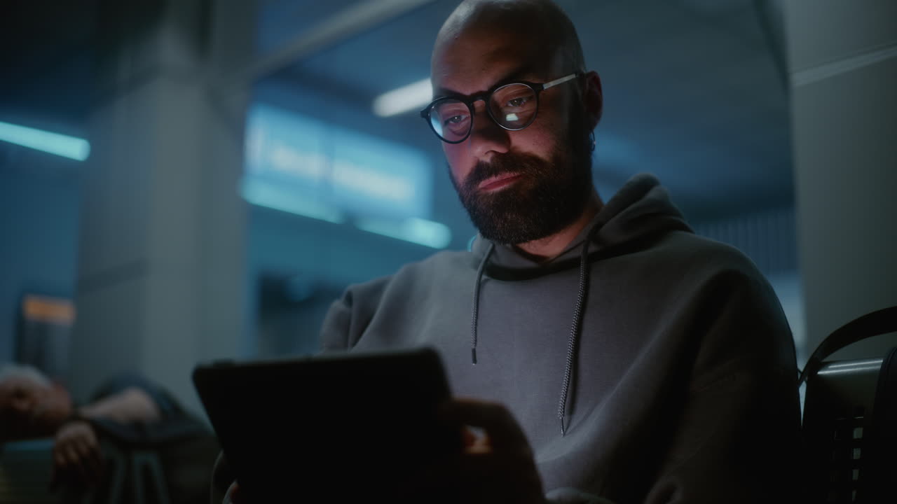 Man using tablet in train station at night