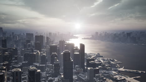 skyline aerial view at sunset with skyscrapers