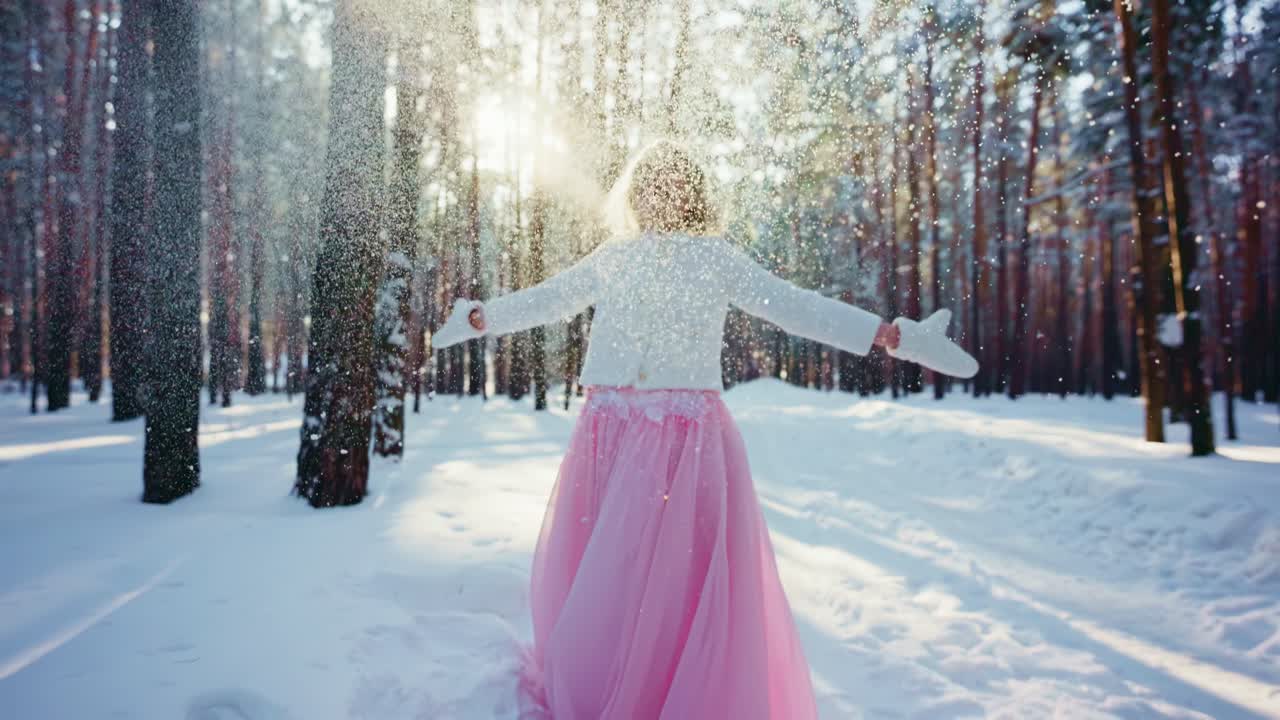 Donna felice che si gode la neve che cade in una magica foresta invernale.