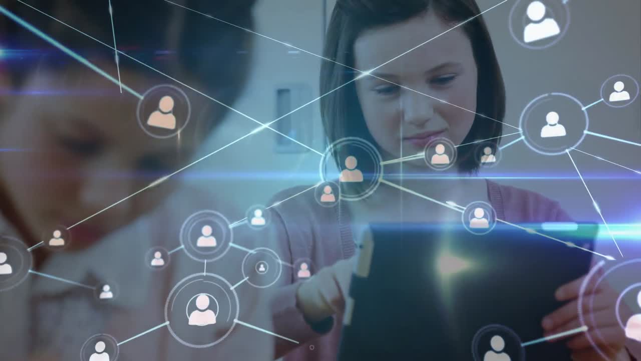 animación de redes de conexiones entre diversos escolares que utilizan tabletas