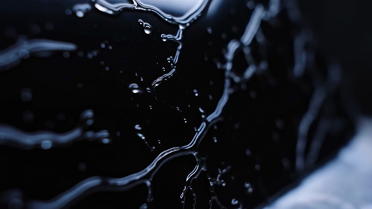 Primo piano estremo di nastri liquidi lucidi e goccioline sparse che aderiscono a una superficie scura riflettente, con riflessi freddi, contrasto profondo, texture liscia e un'atmosfera astratta ed elegante.