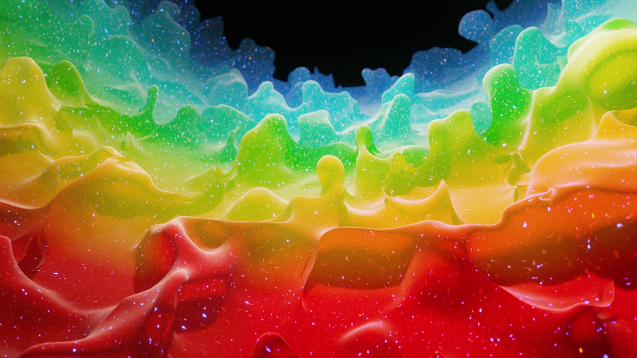 Smooth abstract animation of liquid gradient rainbow color in 4k. Bright matte paint surface as abstract looped festive background. Glitters on viscous liquid with 3d splashes on surface like drops.