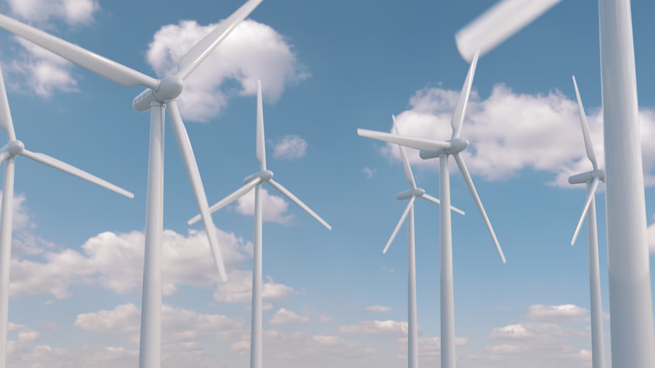 Wind Turbines Farm Looping with Clouds 3D Rendering