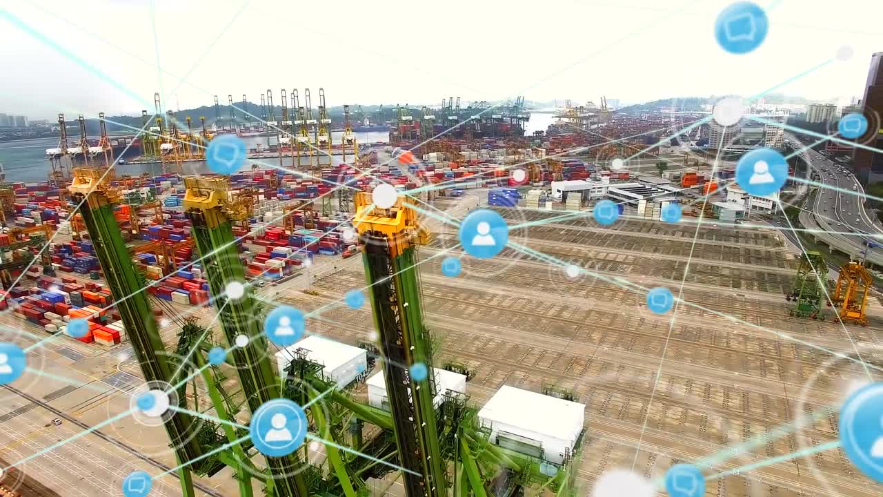 animación de la red de conexiones con iconos sobre el puerto