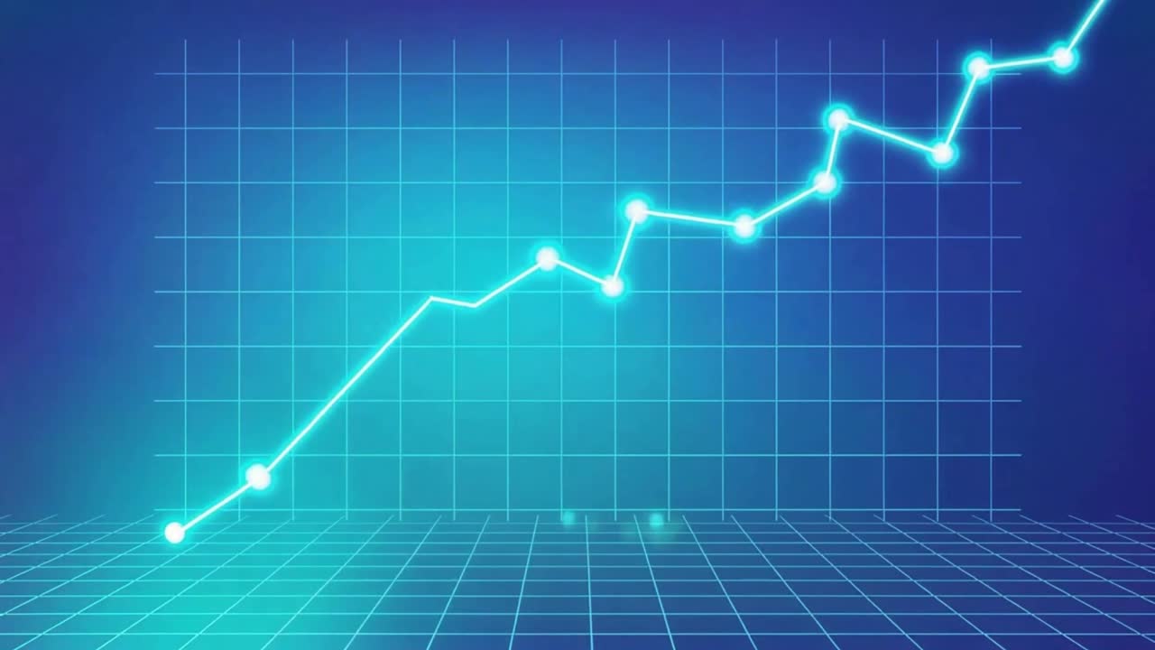 Glowing upward trend line graph on digital grid representing growth analytics finance data visualization