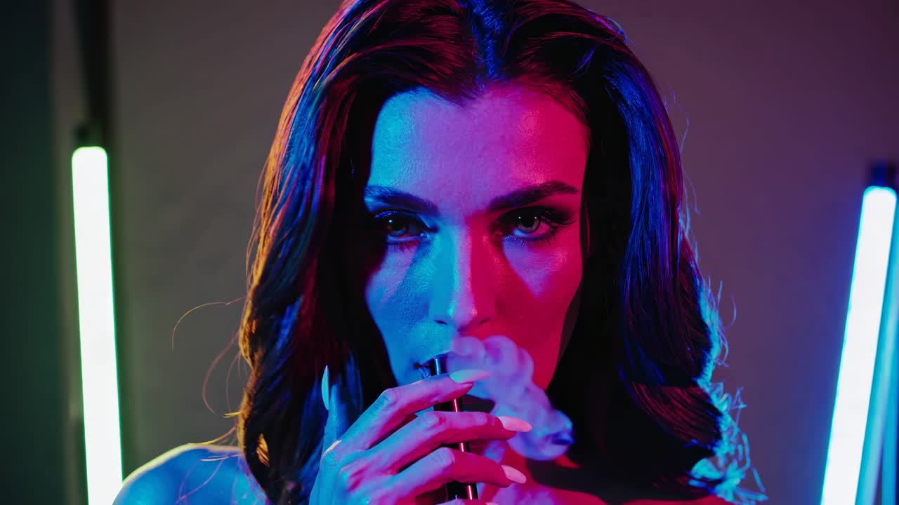 Donna illuminata al neon che svapa