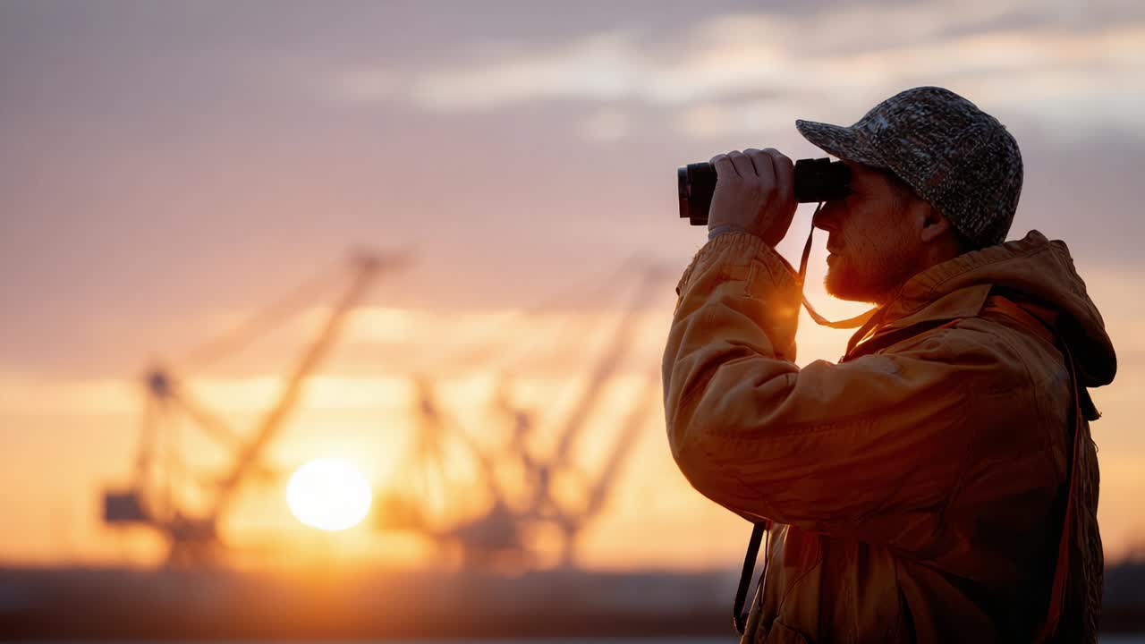 Man with binoculars at sunset