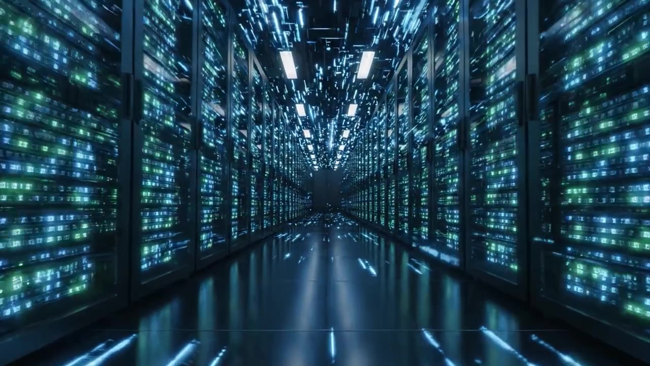 A High-Tech Data Center Corridor: Dynamic Movement and Vibrant Lights Highlight the Advanced Infrastructure of Modern Computing Facilities