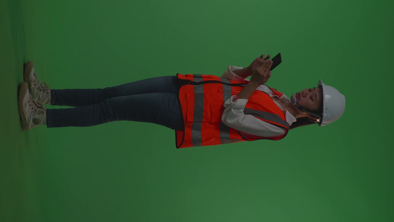 Side View Of Full Body Asian Female Engineer With Safety Helmet Using Smartphone While Standing In The Green Screen Background Studio, During Sunset Or Sunrise Time