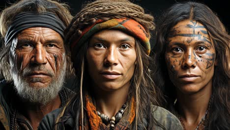 three individuals in traditional tribal attire and markings