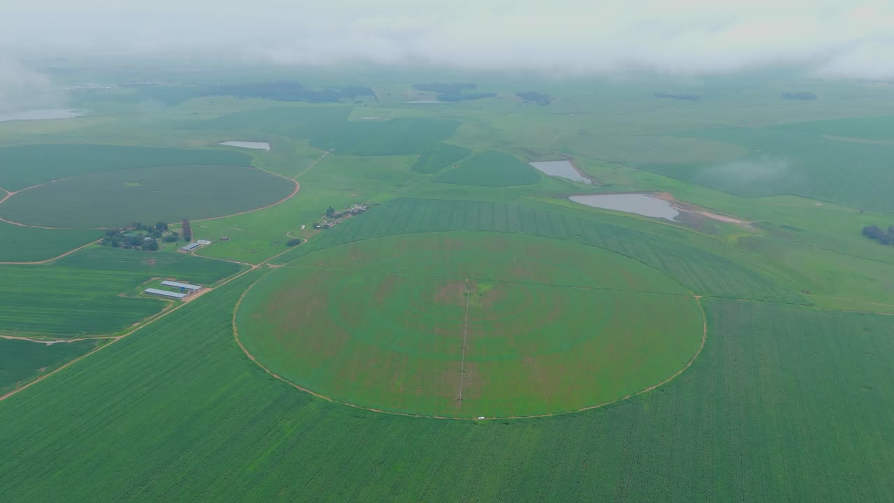 Aerial drone shot showing vast areas of land with vibrant lushes green fields surrounding the farm