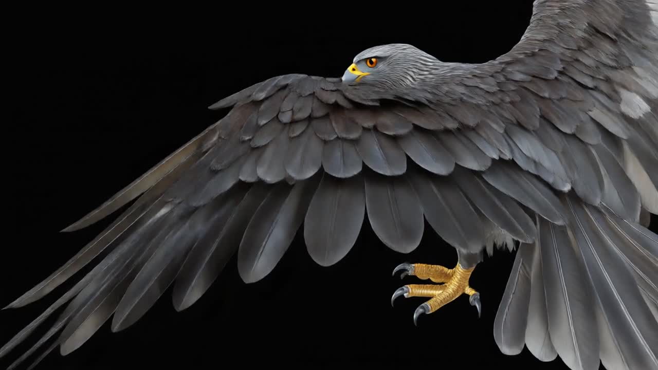 Rendering 3D Dettagliato di un Maestoso Falco in Volo su Sfondo Nero