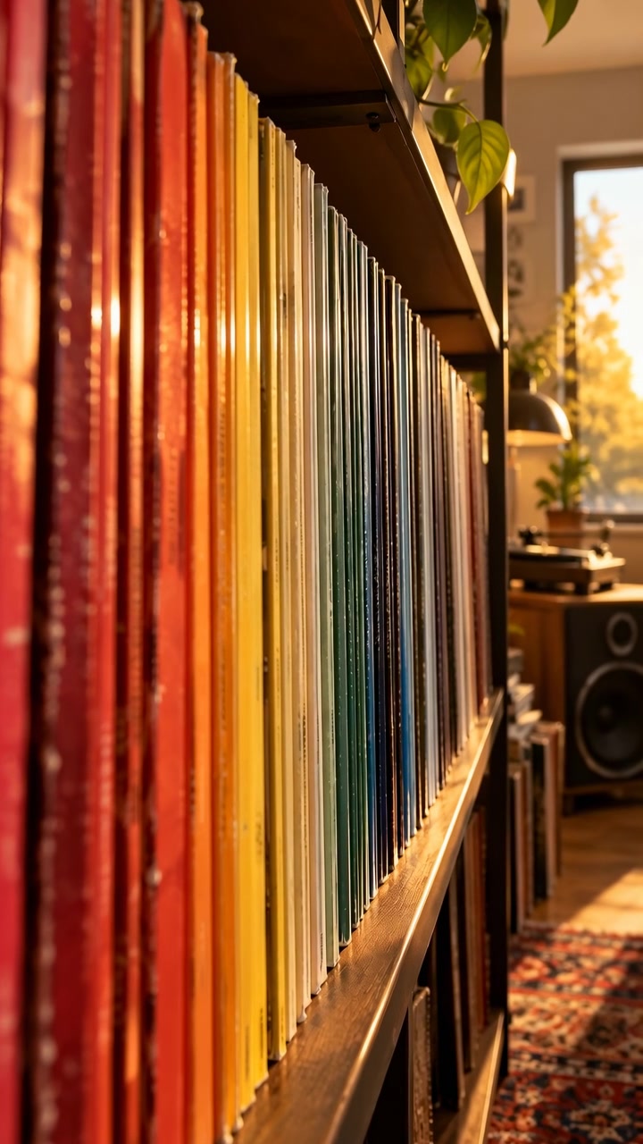 Slow side movement follows tightly packed record covers arranged in varied colors, while golden window light illuminates shelf wood, leafy plants, audio equipment, and a patterned floor rug.