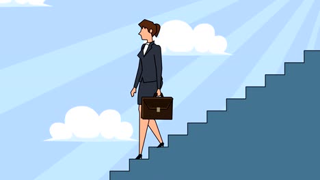 flat cartoon businesswoman character with case bag  goes down the career ladder stairs concept  animation