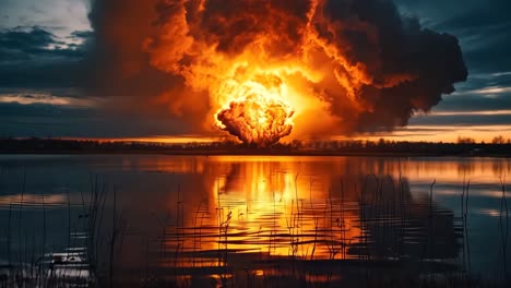 a large explosion is seen over a body of water