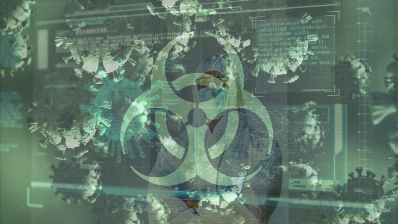 코로나 세포의 애니메이션 남성 의사가 의료 데이터 처리로 화면을 보고 있습니다.
