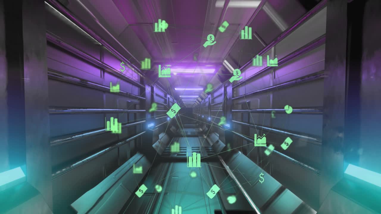 Animation of financial icons over moving industrial tunnel